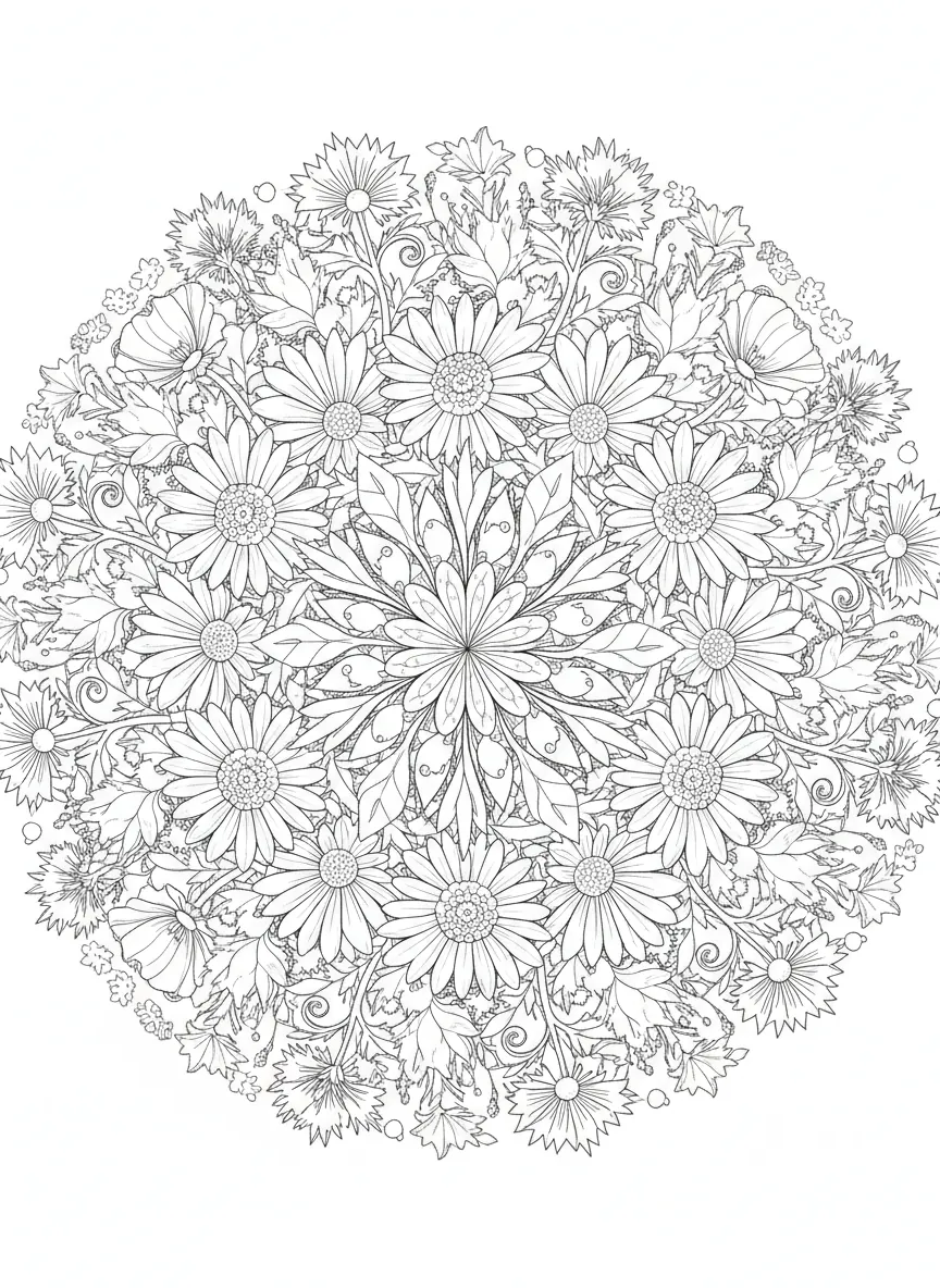 Mandala Fleurs Sauvages - Coloriage mandala à imprimer gratuitement